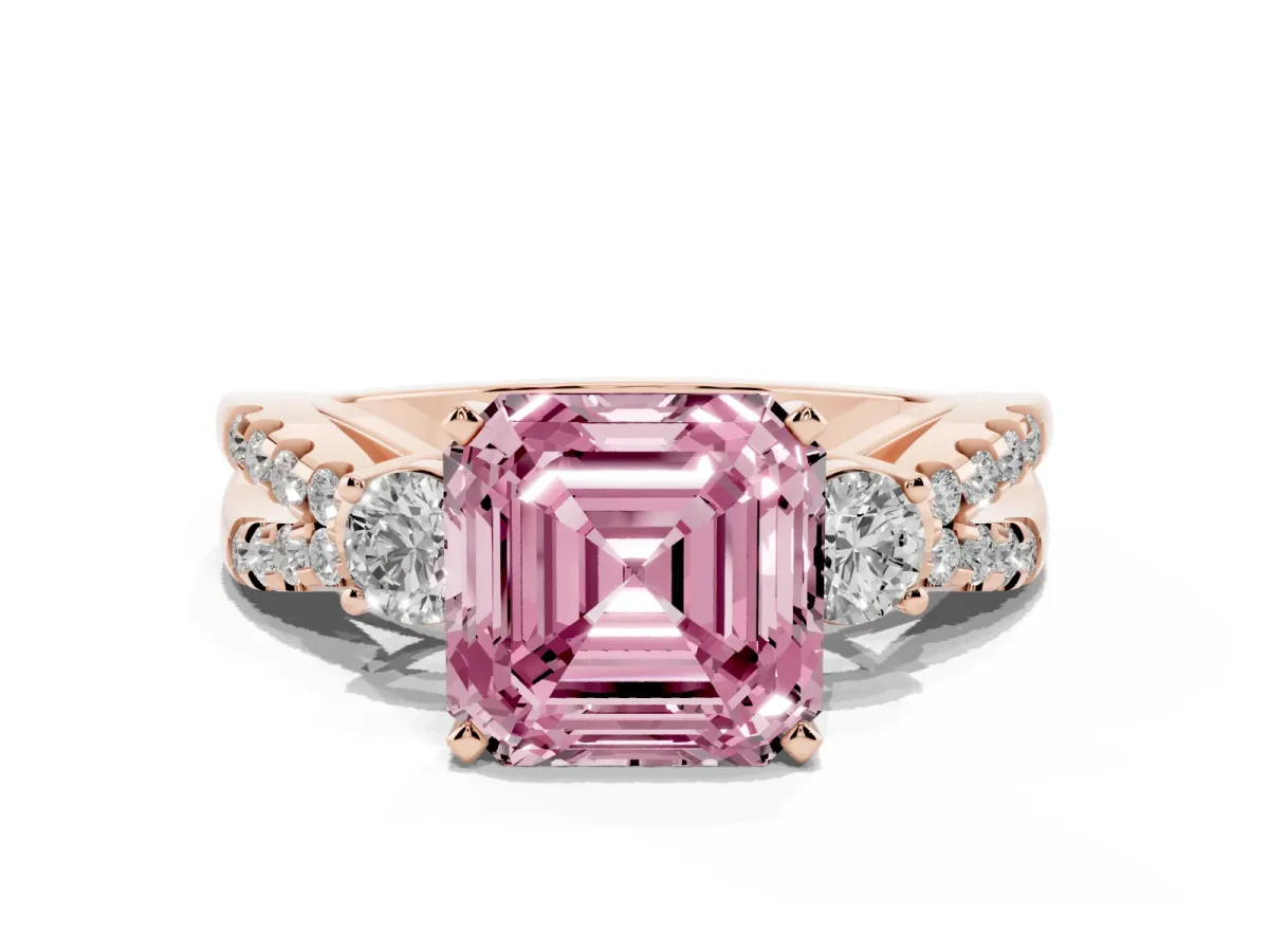 Fancy Pink Asscher Cut Diamond Three-Stone Ring with Pavé Split Shank and Four-Prong Setting Rose gold
