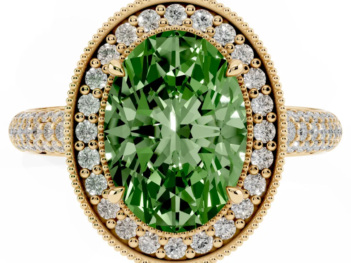 Fancy Green Oval Cut Cut Halo Diamond Pave Band with Four-Prong Setting Yellow gold