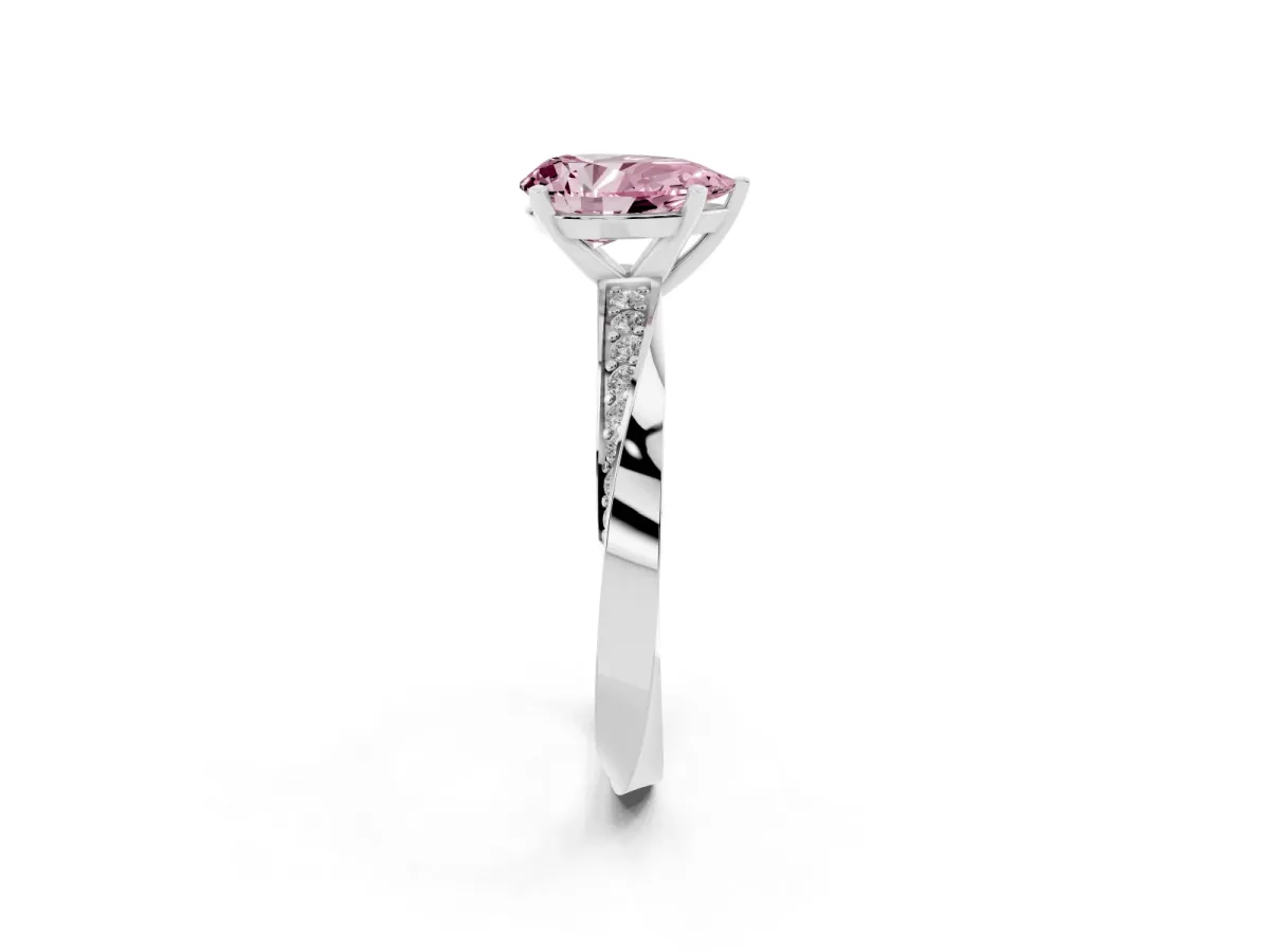 Fancy Pink Pear Cut Diamond Engagement Ring with Side Stone Accents and Four-Prong Setting Silver