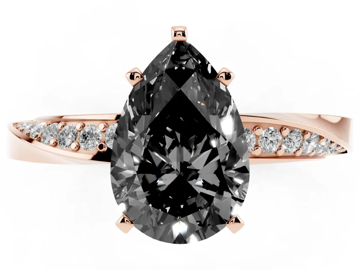 Fancy Black Pear Cut Diamond Engagement Ring with Side Stone Accents and Four-Prong Setting Rose gold