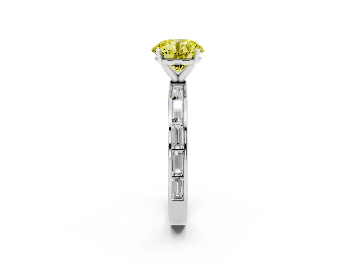 Fancy Yellow Round Cut Solitaire Diamond Ring with Channel-Set Baguette Band and Four-Prong Setting White gold