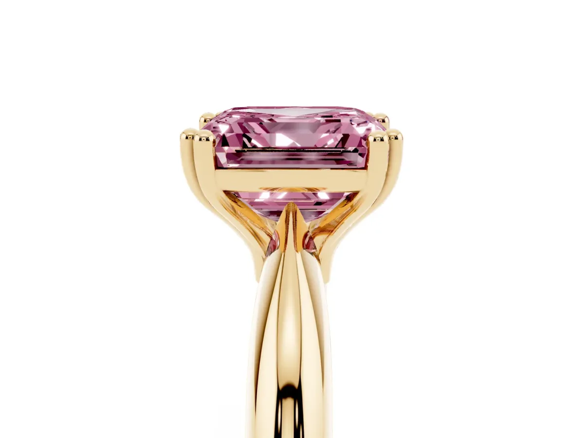 Fancy Pink Asscher Cut Cut Solitaire Engagement Ring with Tapered Band and Four-Prong Setting Yellow gold