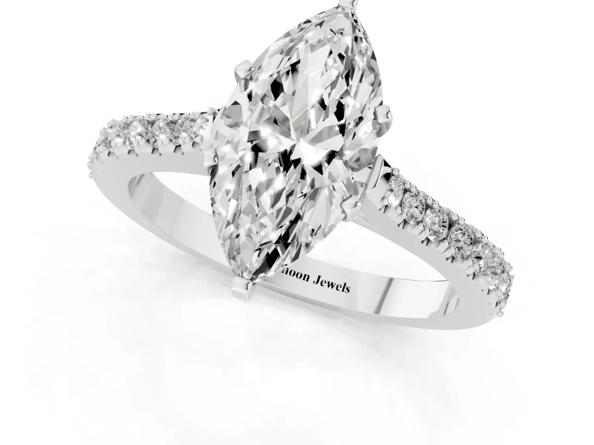 Marquise Cut Cut Solitaire Diamond Engagement Ring with Pave Band and Four-Prong Setting White gold