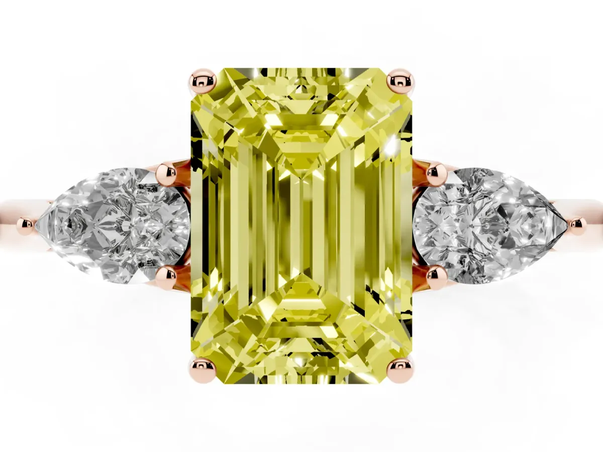 Fancy Yellow Three-Stone Emerald Cut Diamond Ring with Pear Side Stones in Four-Prong Setting Rose gold