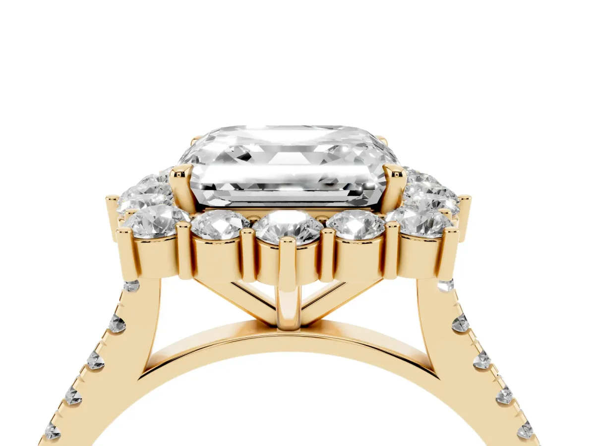 Asscher Cut Halo Diamond Ring with Pavé Band and Prong Setting Yellow gold