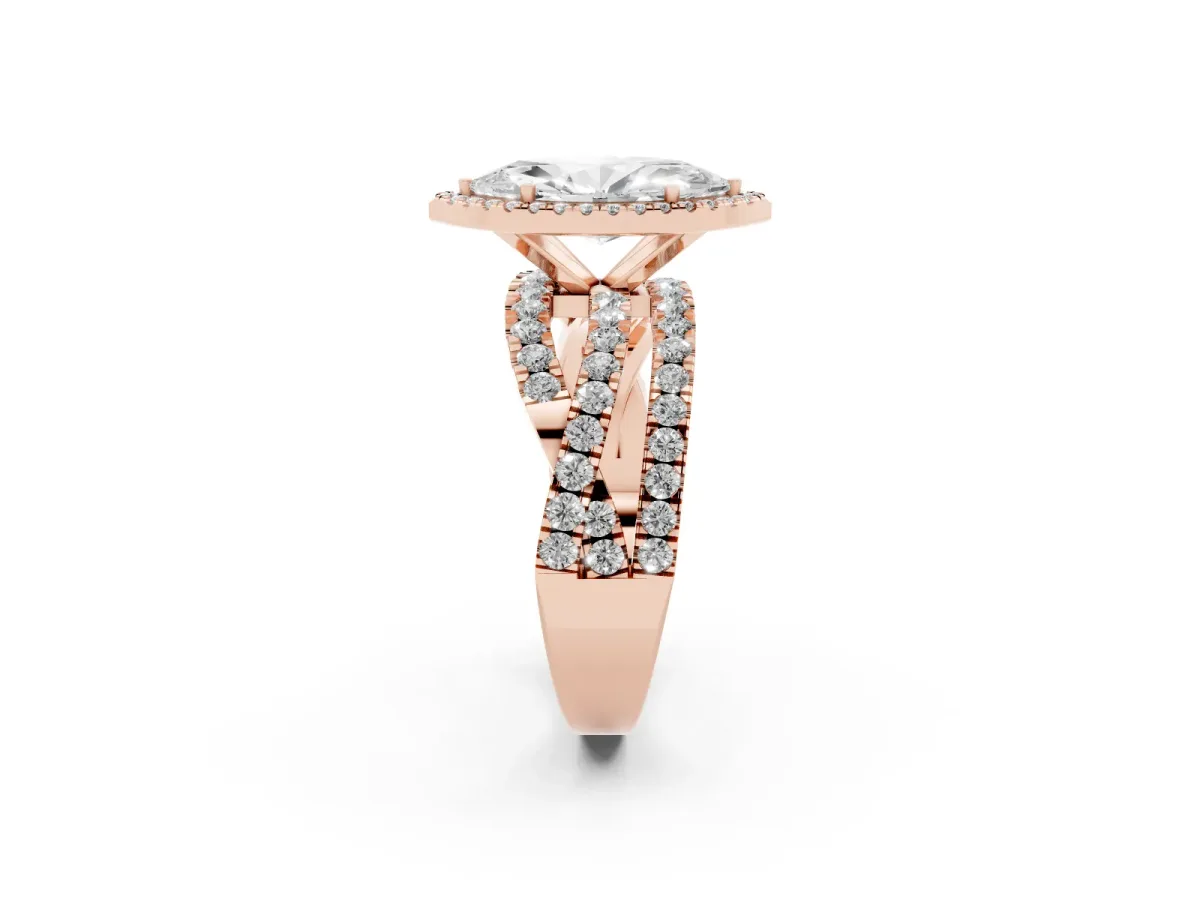 Marquise Cut Diamond Halo Ring with Round Split Shank and Prong Setting Rose gold