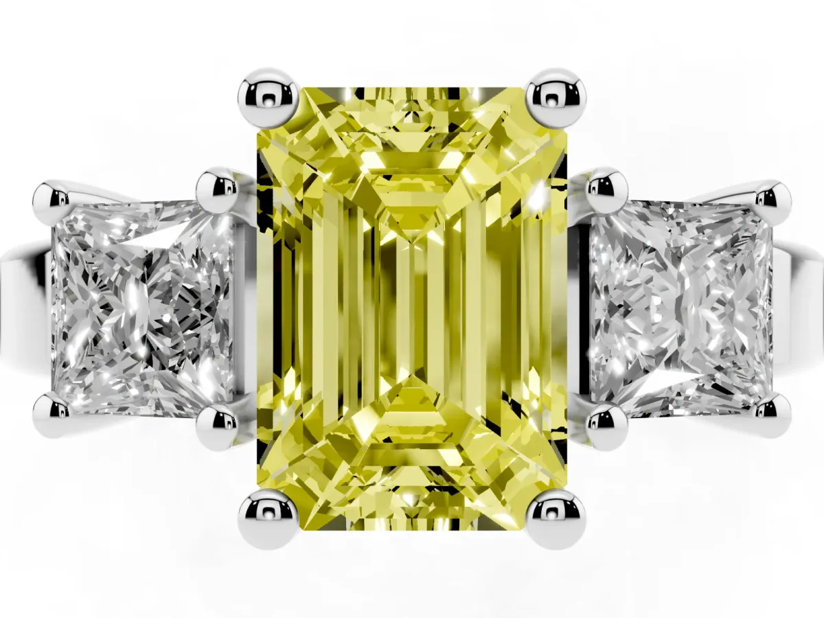 Fancy Yellow Three-Stone Emerald Cut Cut Solitaire Ring with Prong Setting Platinum