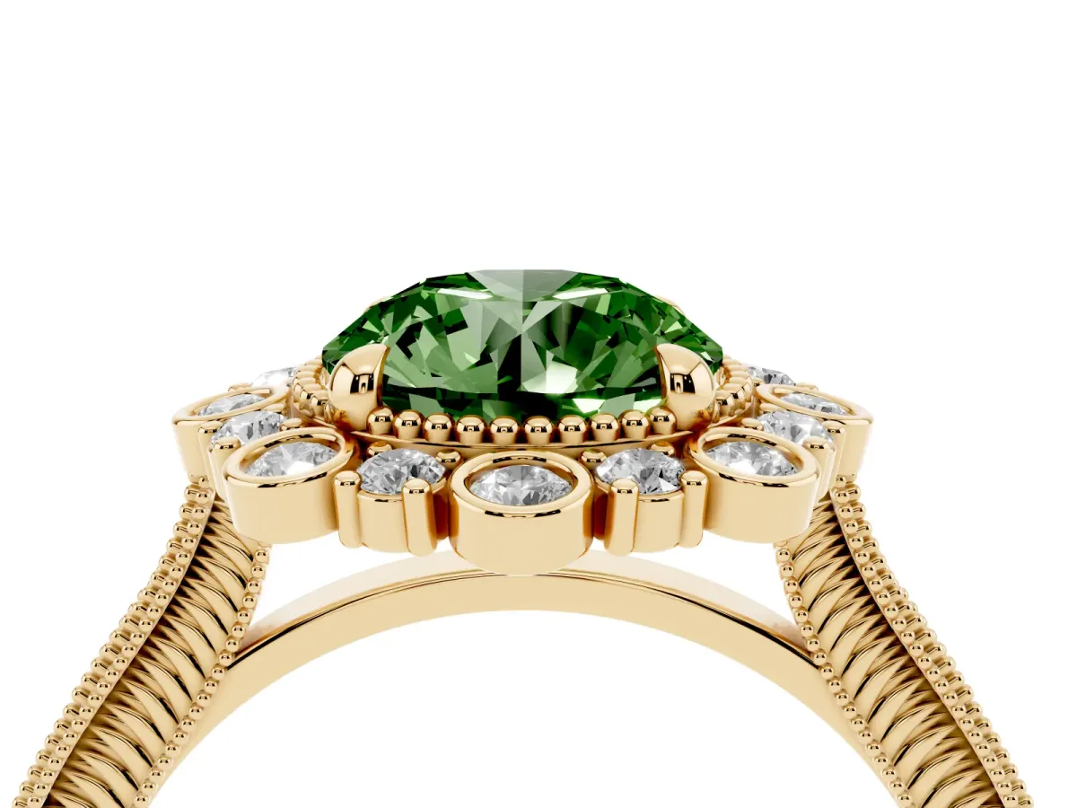 Fancy Green Round Cut Halo Milgrain Pave Diamond Ring with Four-Prong Setting Yellow gold