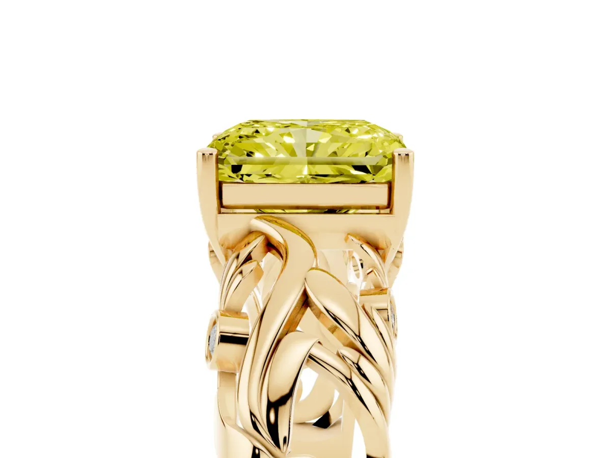 Fancy Yellow Radiant Cut Solitaire Diamond Leaf-Inspired Vine Band Ring with Prong Setting Yellow gold