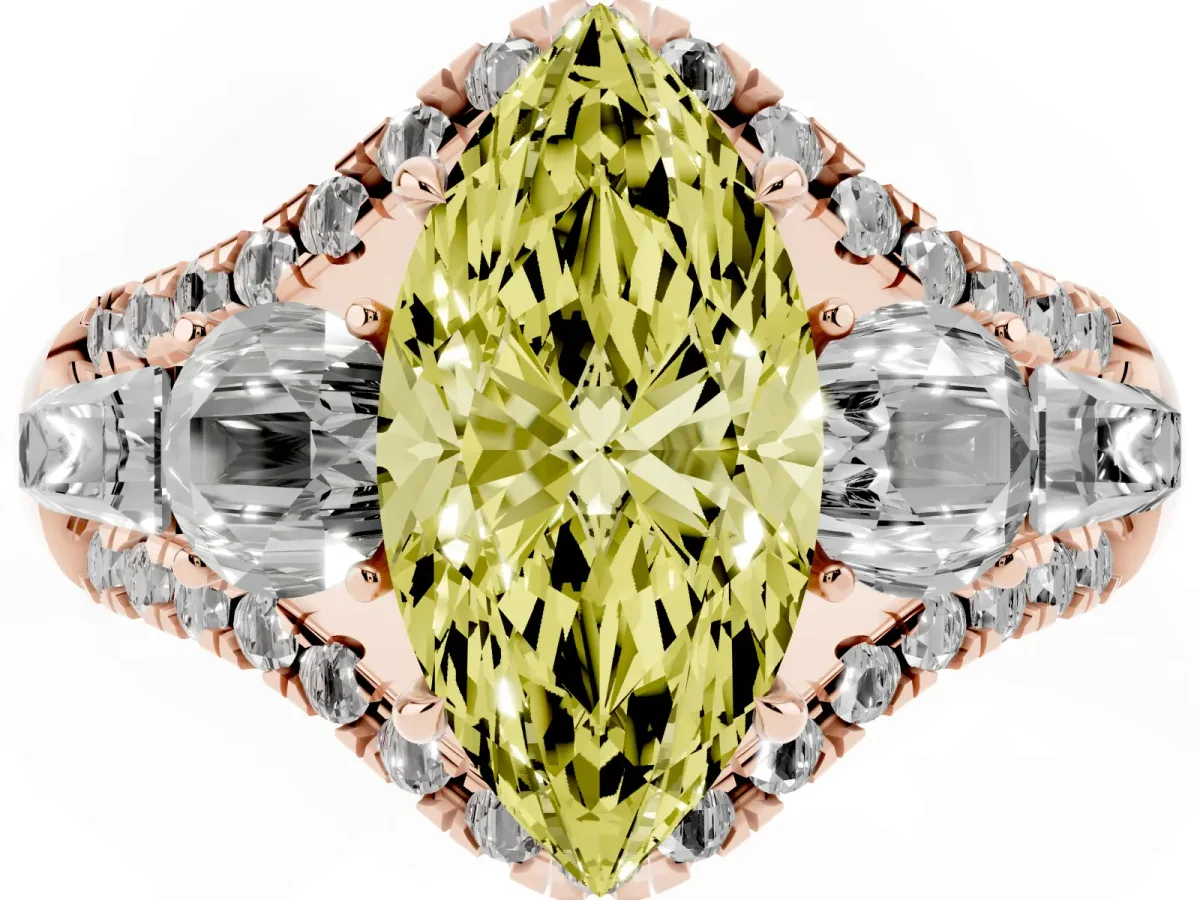 Fancy Yellow Three-Stone Marquise Cut Diamond Engagement Ring with Pave Band and Prong Setting Rose gold