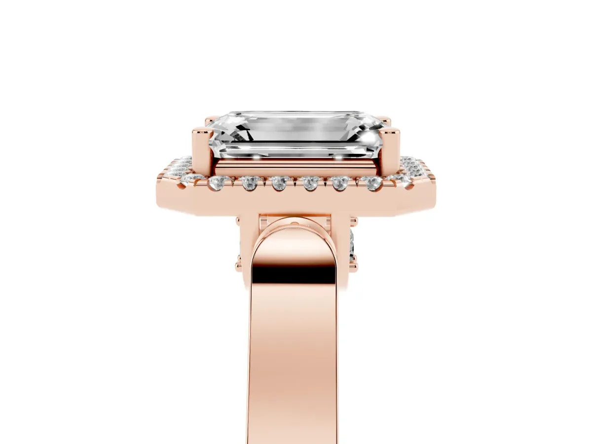 Emerald Cut Halo Pave Split Shank Prong Setting Ring Rose gold