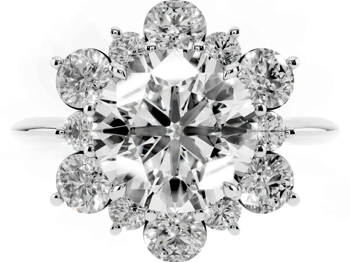Round Cut Diamond Cluster Halo Ring with Solitaire Band and Four-Prong Setting Silver