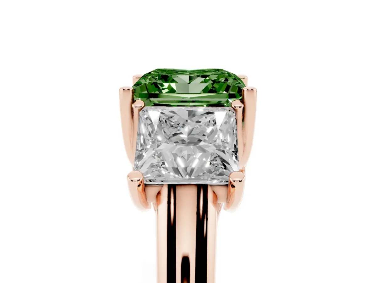 Fancy Green Three-Stone Princess Cut Diamond Engagement Ring with Prong Setting Rose gold