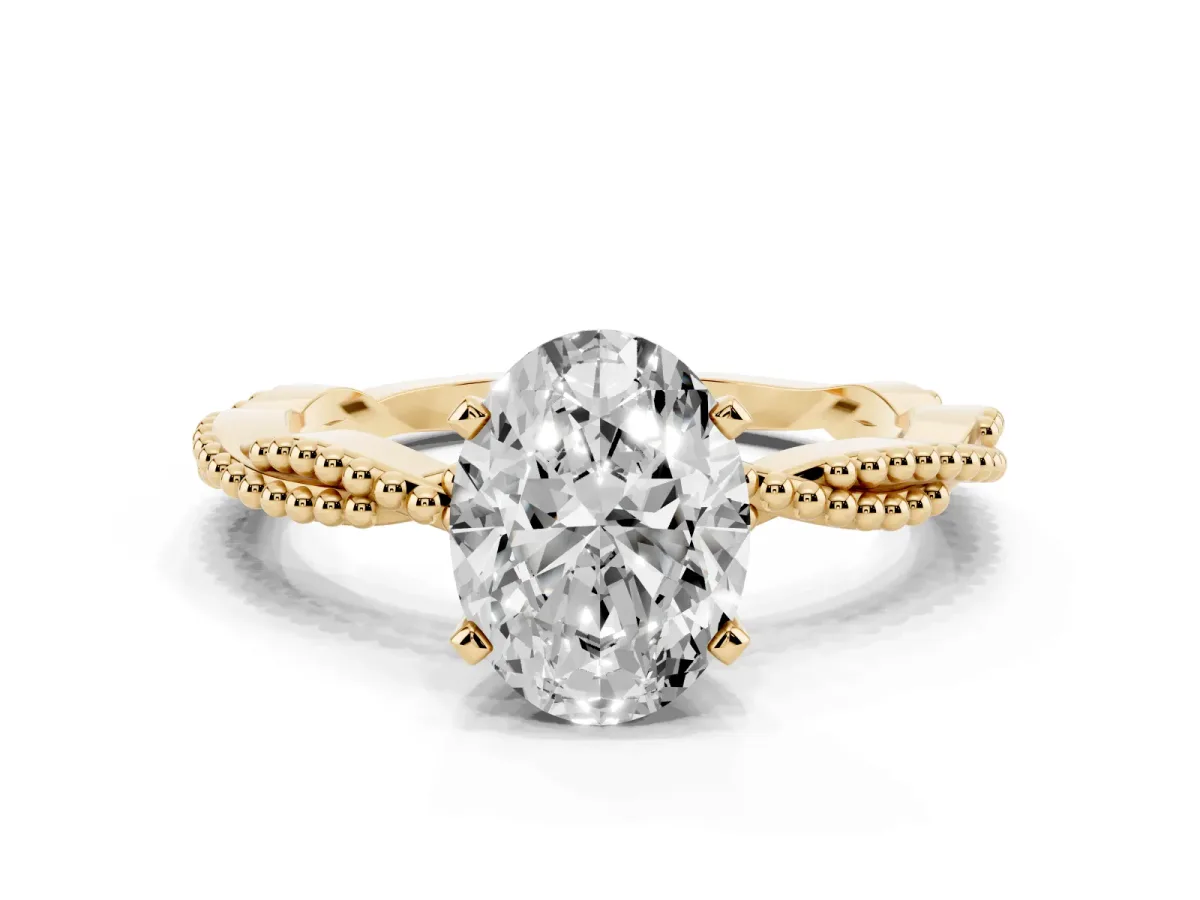 Oval Cut Solitaire Twisted Band with Bead Prong Setting Yellow gold