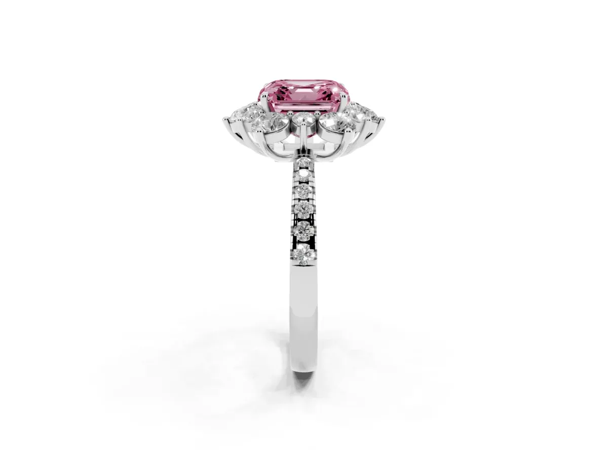 Fancy Pink Asscher Cut Diamond Floral Halo Ring with Round Pavé Band and Prong Setting White gold