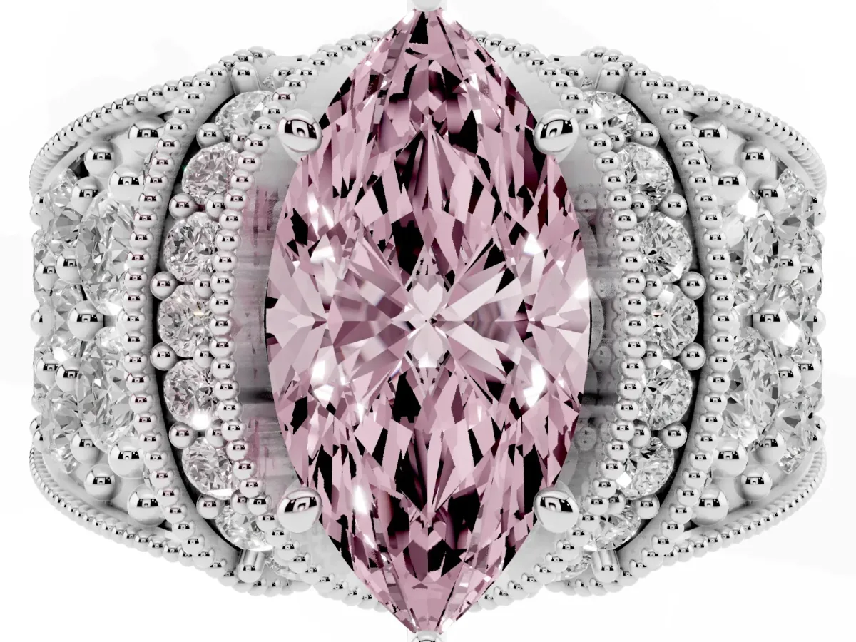 Fancy Pink Marquise Cut Halo Pave Diamond Engagement Ring with Milgrain Detailing Silver