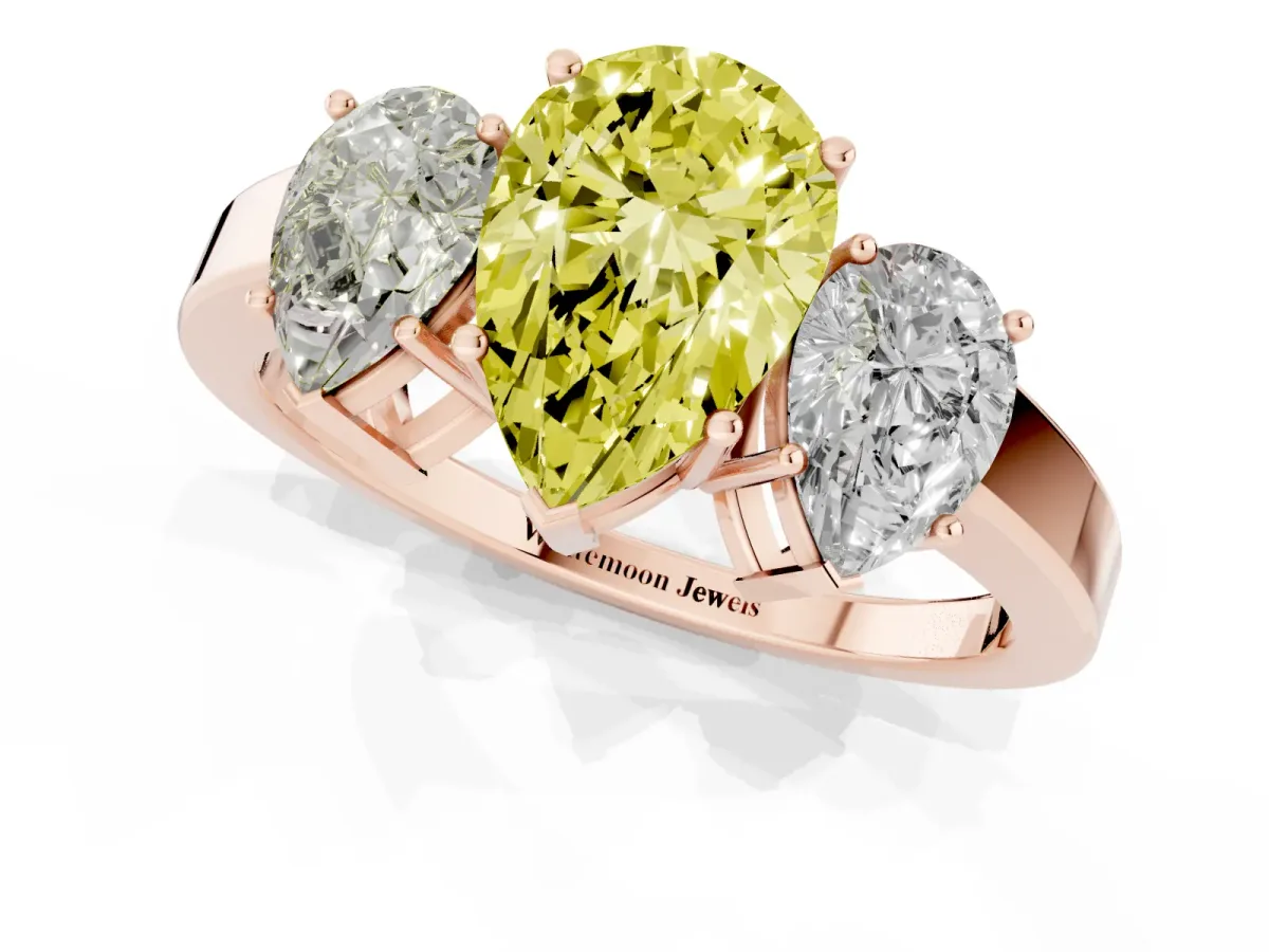 Fancy Yellow Three-Stone Pear Cut Cut Diamond Engagement Ring with Flat Band and Four-Prong Setting Rose gold