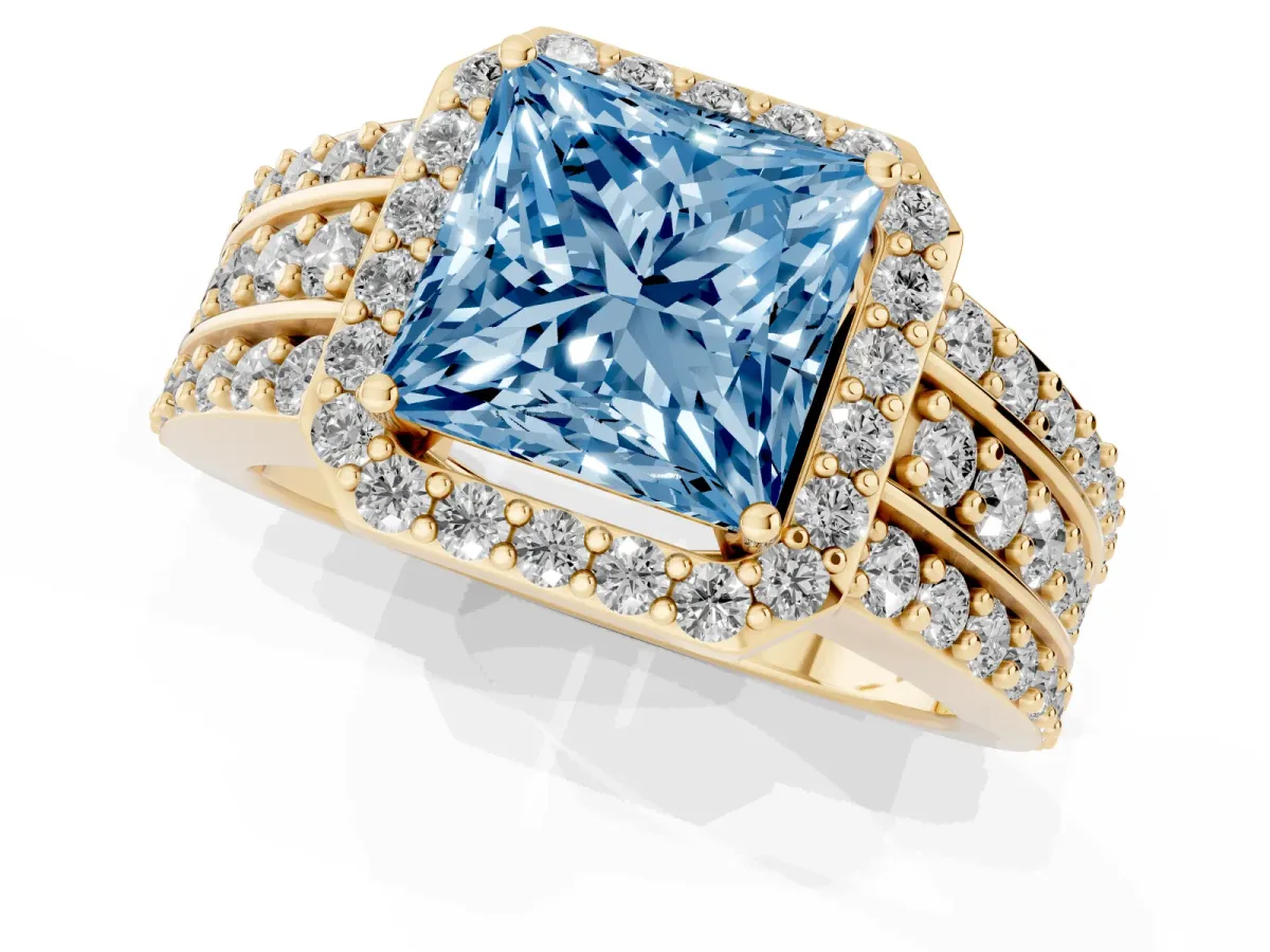Fancy Blue Princess Cut Halo Diamond Ring with Round Split Shank and Prong Setting Yellow gold