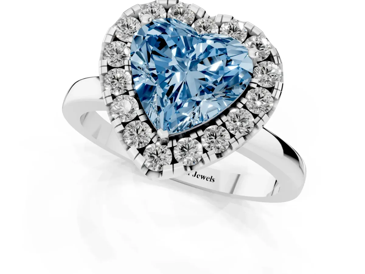 Fancy Blue Heart Cut Halo Diamond Solitaire with Pavé Band and Four-Prong Setting White gold