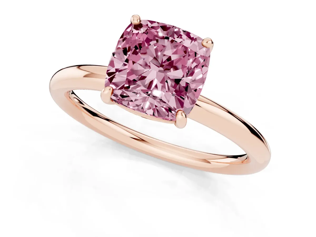 Fancy Pink Cushion Cut Solitaire Diamond Ring with Four-Prong Setting on a Plain Band Rose gold