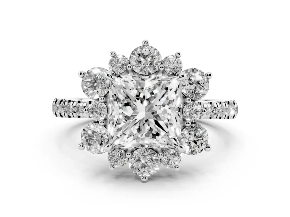 Princess Cut Diamond Floral Halo Ring with Round Pavé Band and Prong Setting Silver