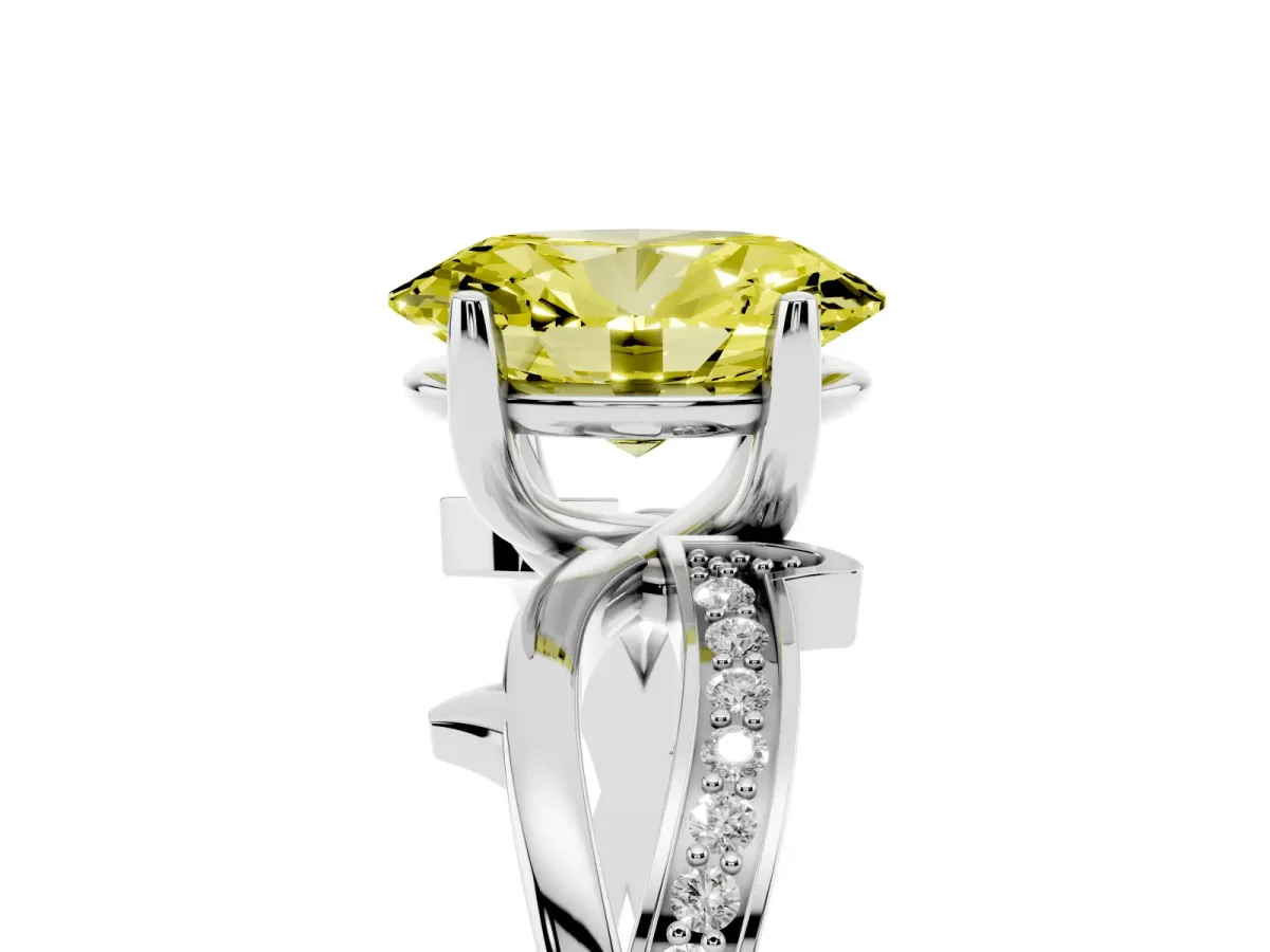 Fancy Yellow Oval Cut Solitaire Twist Band with Pavé Accents and Four-Prong Setting White gold