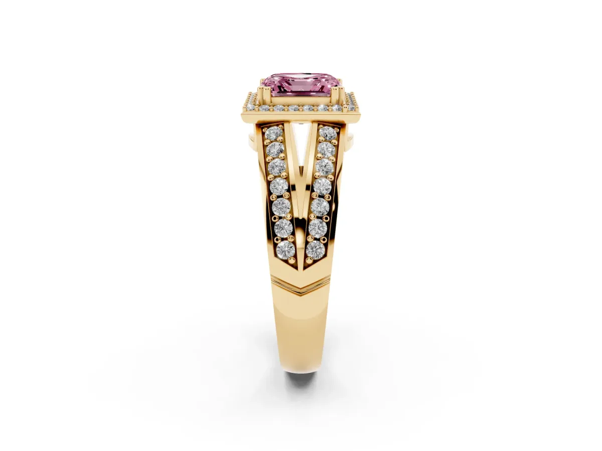 Fancy Pink Asscher Cut Diamond Halo Ring with Split Shank Pavé Band and Four-Prong Setting Yellow gold
