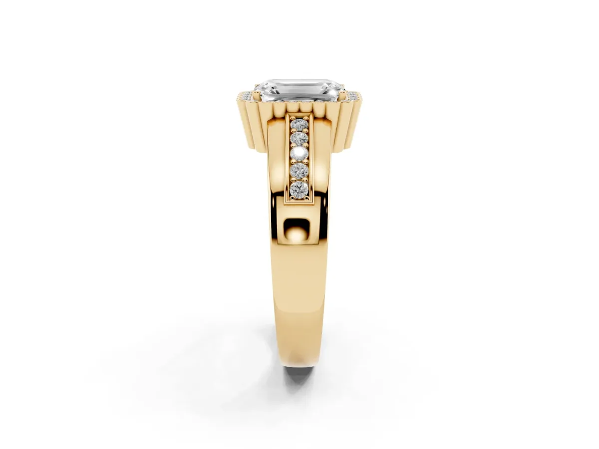 Emerald Cut Cut Halo Pave Band Four-Prong Ring Yellow gold