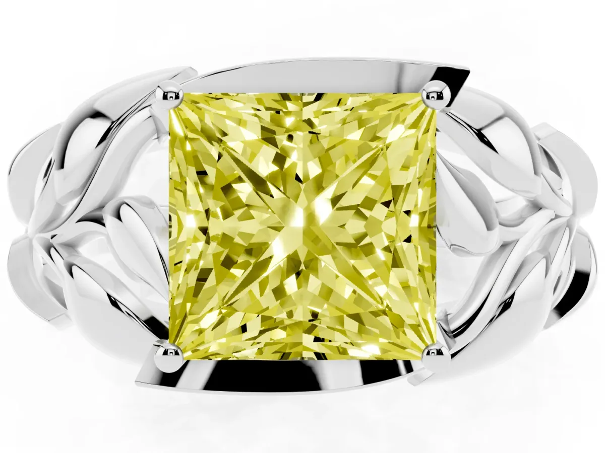 Fancy Yellow Princess Cut Diamond Leaf-Inspired Engagement Ring with Round Accents and Prong Setting White gold