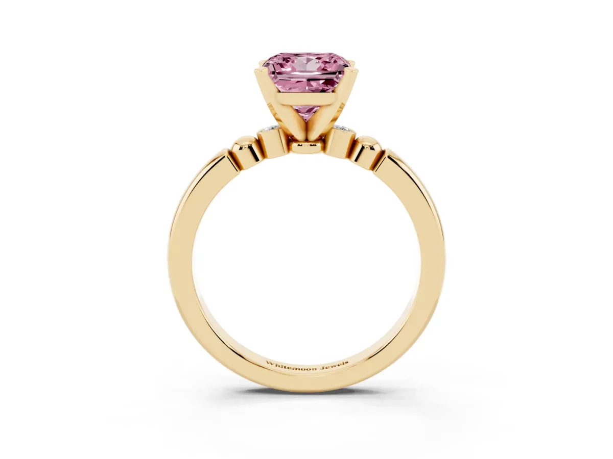 Fancy Pink Princess Cut Solitaire Beaded Band with Four-Prong Setting Yellow gold