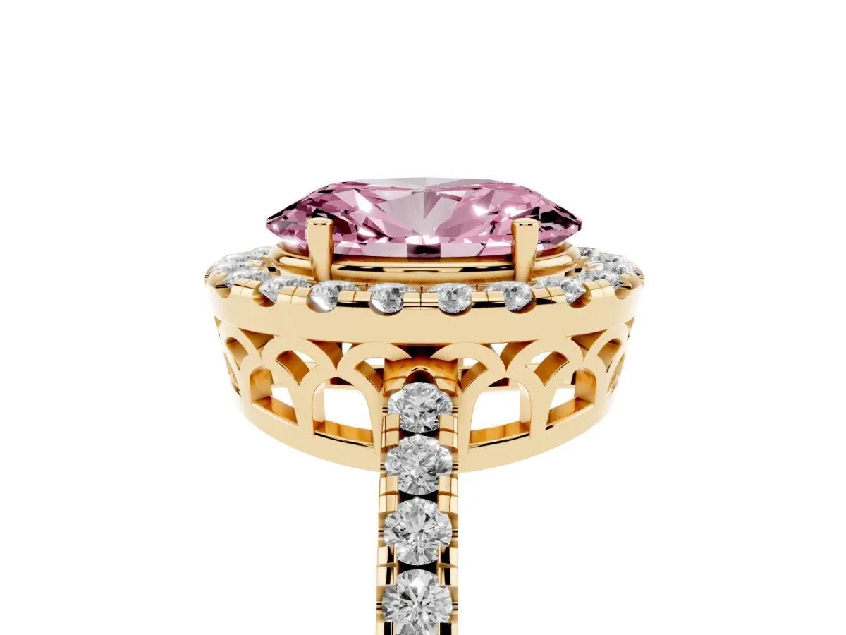 Fancy Pink Oval Cut Halo Diamond Engagement Ring with Pavé Band and Four-Prong Setting Yellow gold