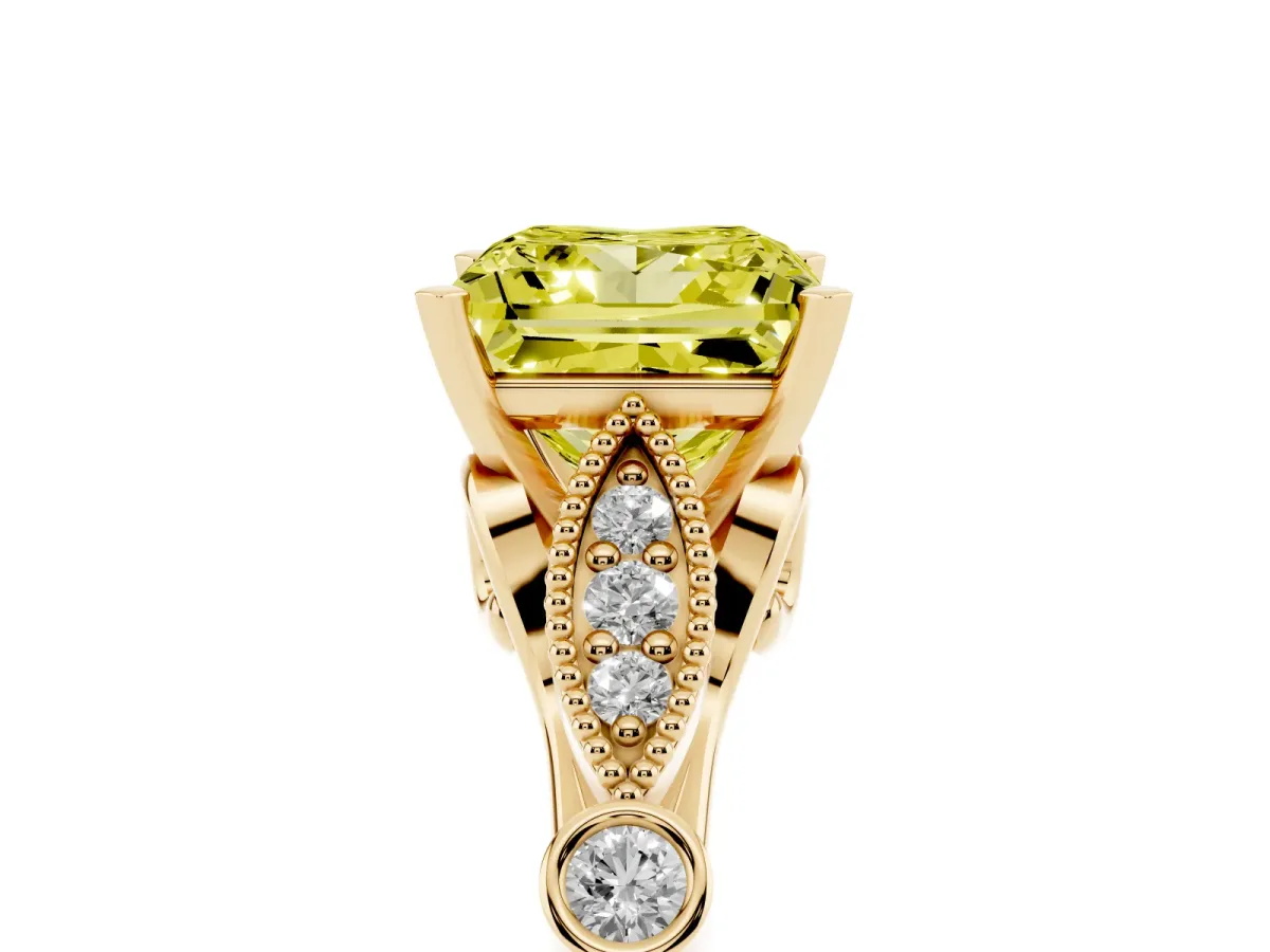 Fancy Yellow Princess Cut Cut Diamond with Milgrain Marquise and Bezel Accents on a Solitaire Band with Prong Setting Yellow gold