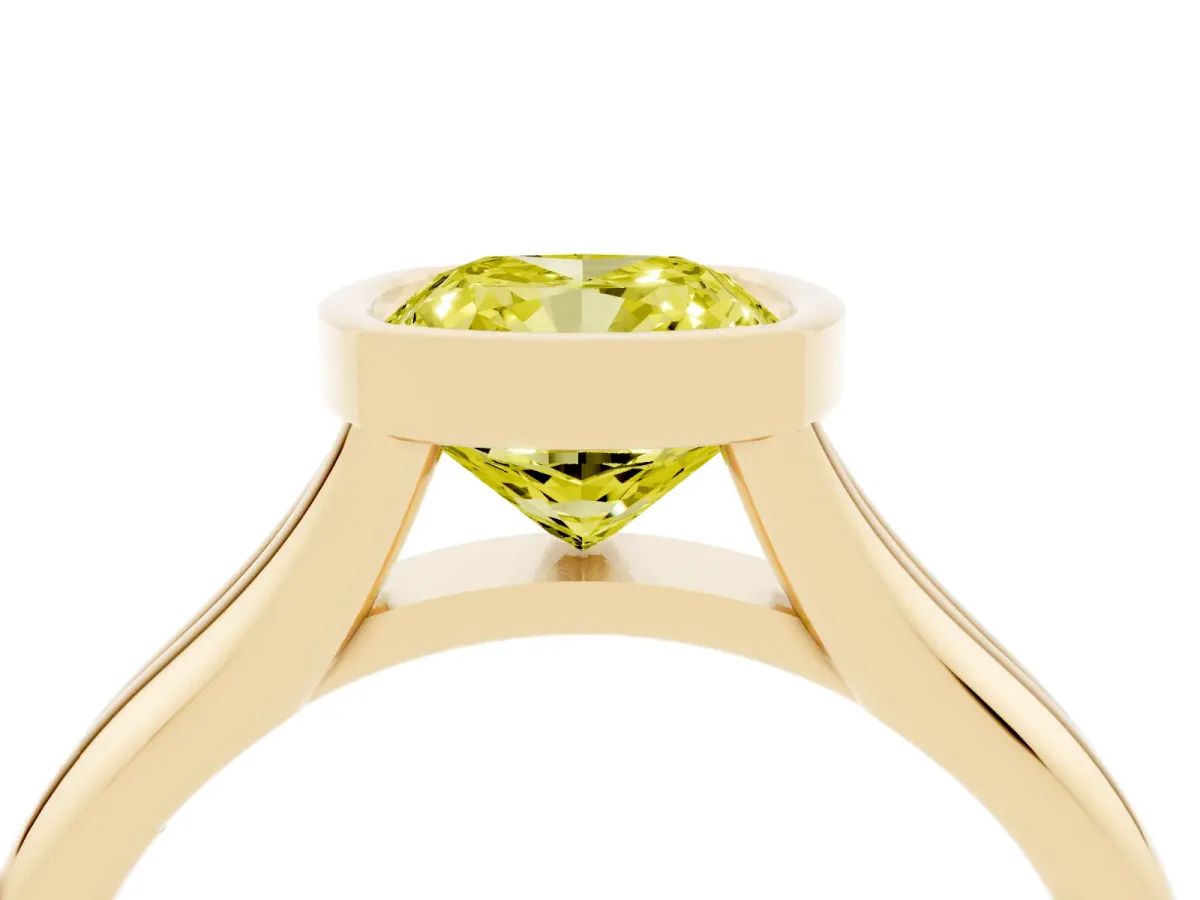 Fancy Yellow Bezel Set Cushion Cut Solitaire Diamond Ring with Smooth Band Yellow gold