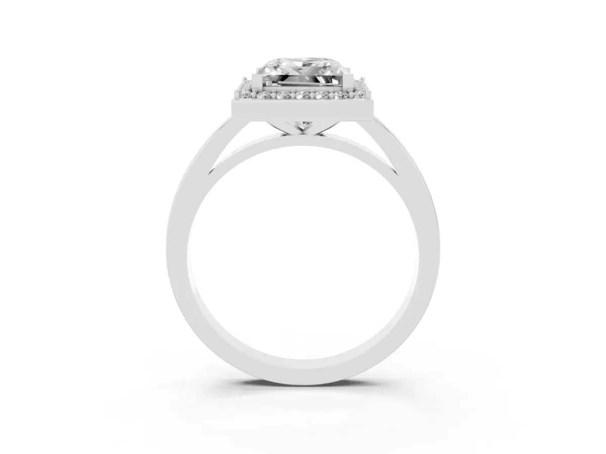 Princess Cut Halo Diamond Ring with Solitaire Band and Prong Setting Silver
