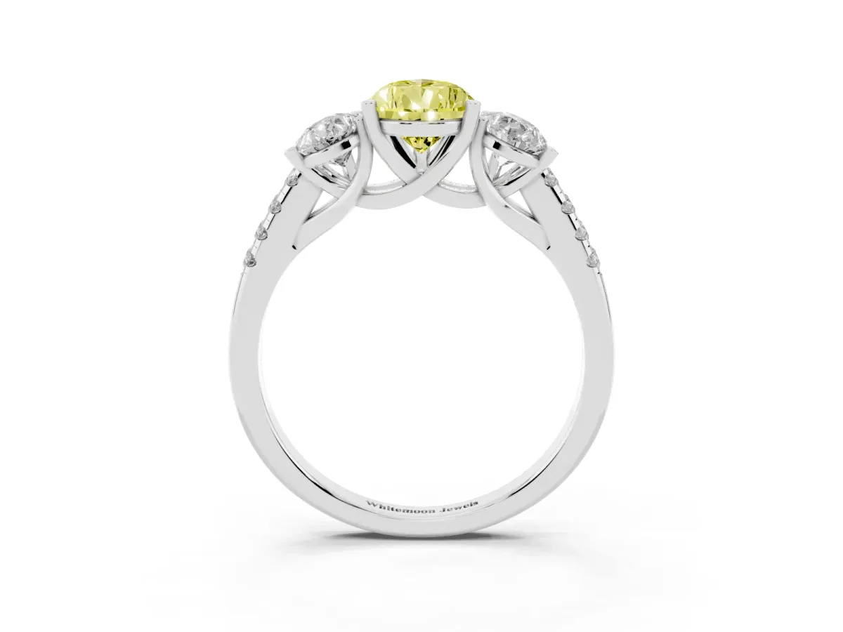 Fancy Yellow Three-Stone Pear Cut Diamond Ring with Round Pavé Band and Prong Setting Silver