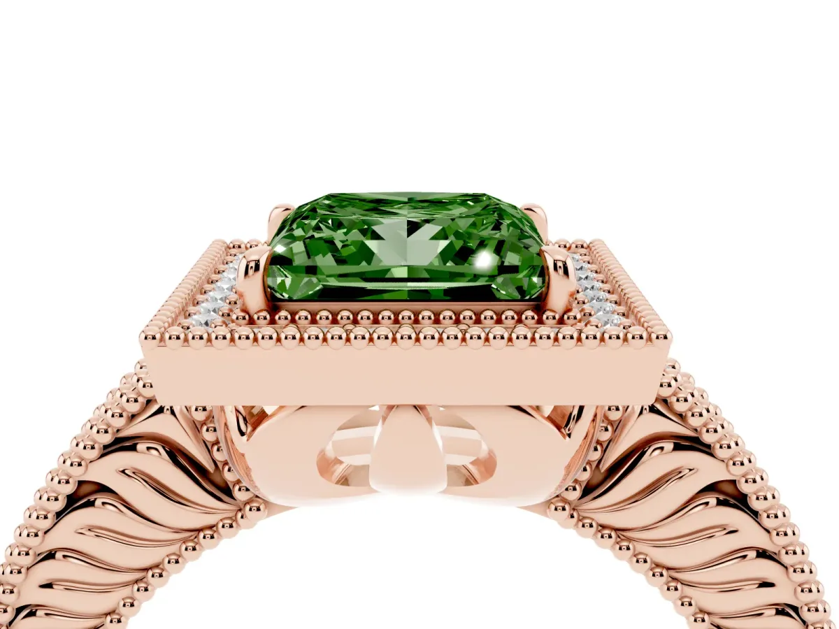 Fancy Green Princess Cut Cut Halo Diamond Ring with Pavé Band and Four-Prong Setting Rose gold