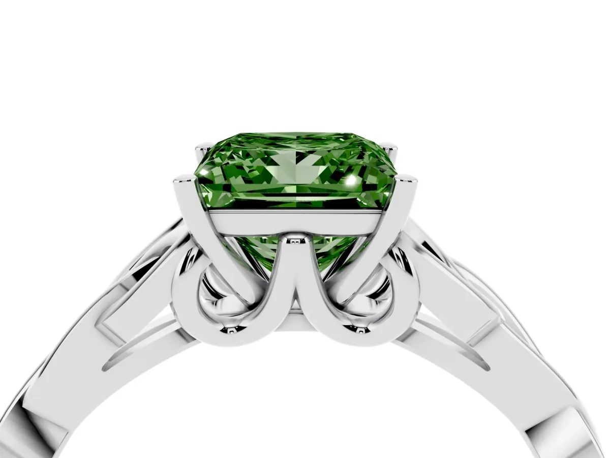 Fancy Green Princess Cut Diamond Solitaire Engagement Ring with Celtic Knot Band and Four-Prong Setting White gold
