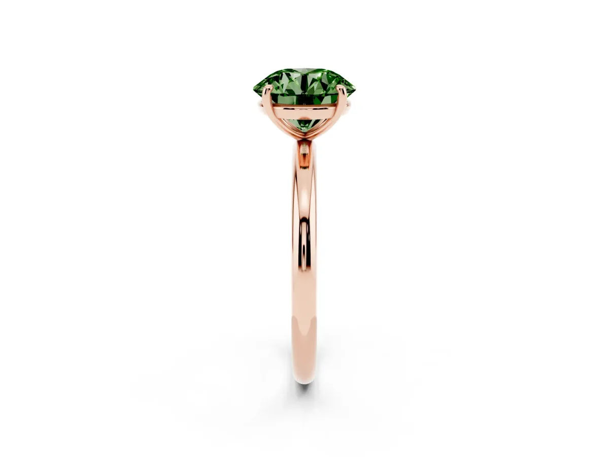 Fancy Green Round Cut Solitaire Diamond Ring with Four-Prong Setting on a Plain Band Rose gold
