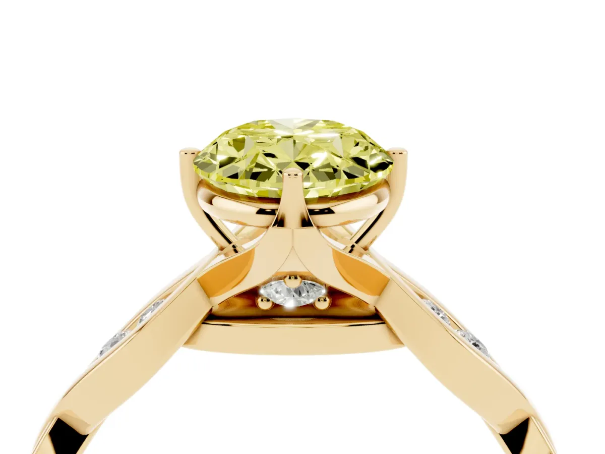 Fancy Yellow Oval Cut Solitaire Twist Band with Leaf Prong Setting Yellow gold