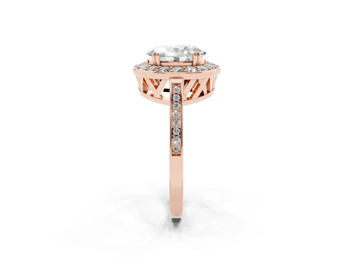 Oval Cut Diamond Halo Ring with Split Shank and Four-Prong Setting Rose gold