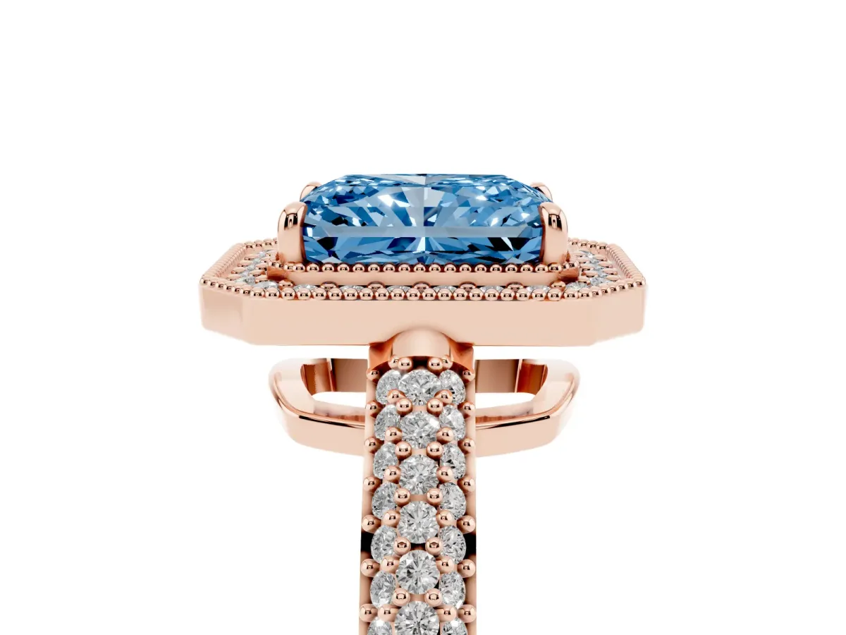 Fancy Blue Radiant Cut Cut Halo Diamond Pave Band with Four-Prong Setting Rose gold
