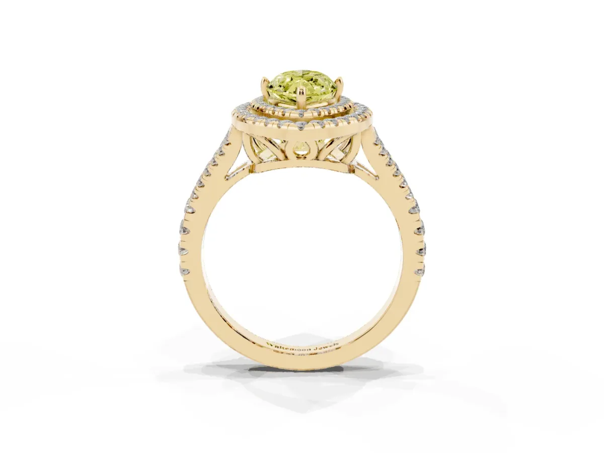 Fancy Yellow Marquise Cut Diamond Double Halo Ring with Pavé Band and Prong Setting Yellow gold