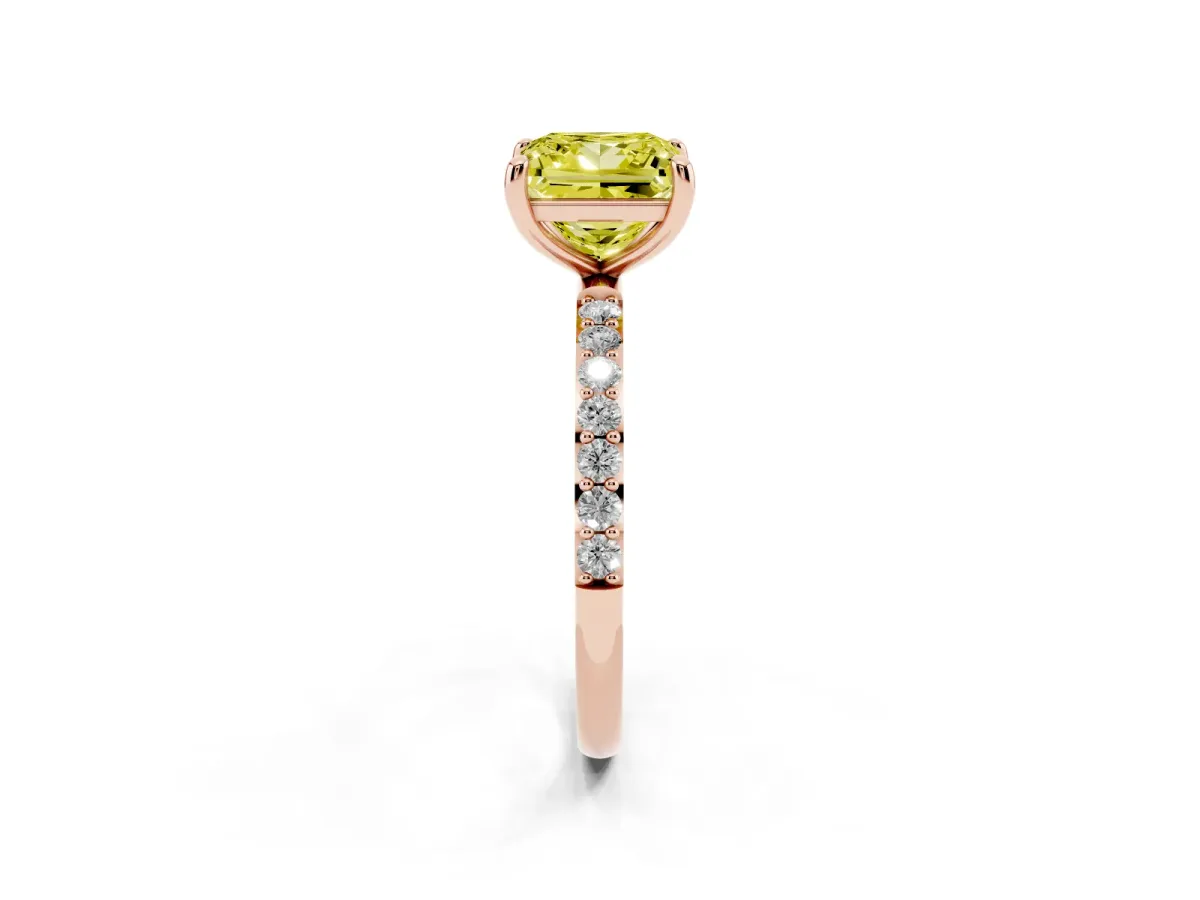 Fancy Yellow Princess Cut Diamond Solitaire Ring with Round Pavé Band and Prong Setting Rose gold