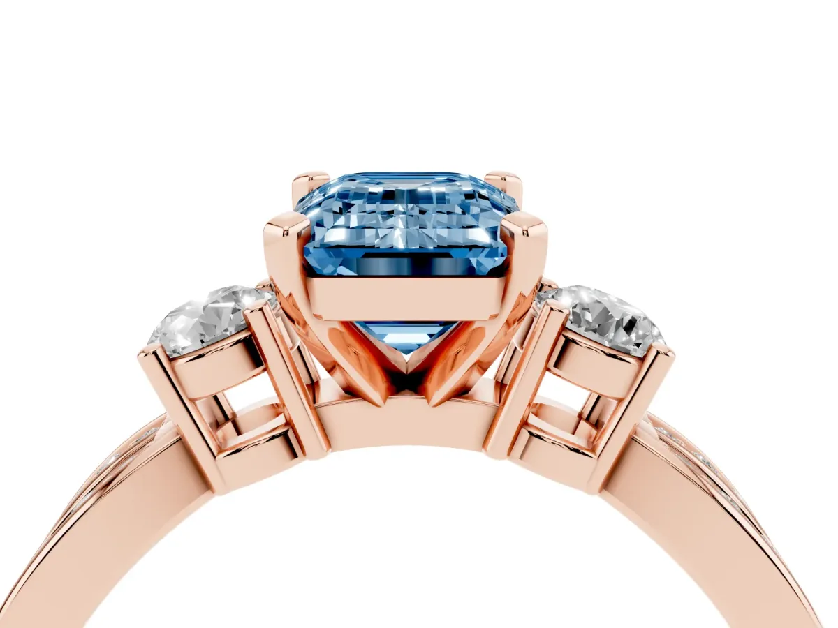 Fancy Blue Three-Stone Emerald Cut Cut Diamond Twist Band with Prong Setting Rose gold