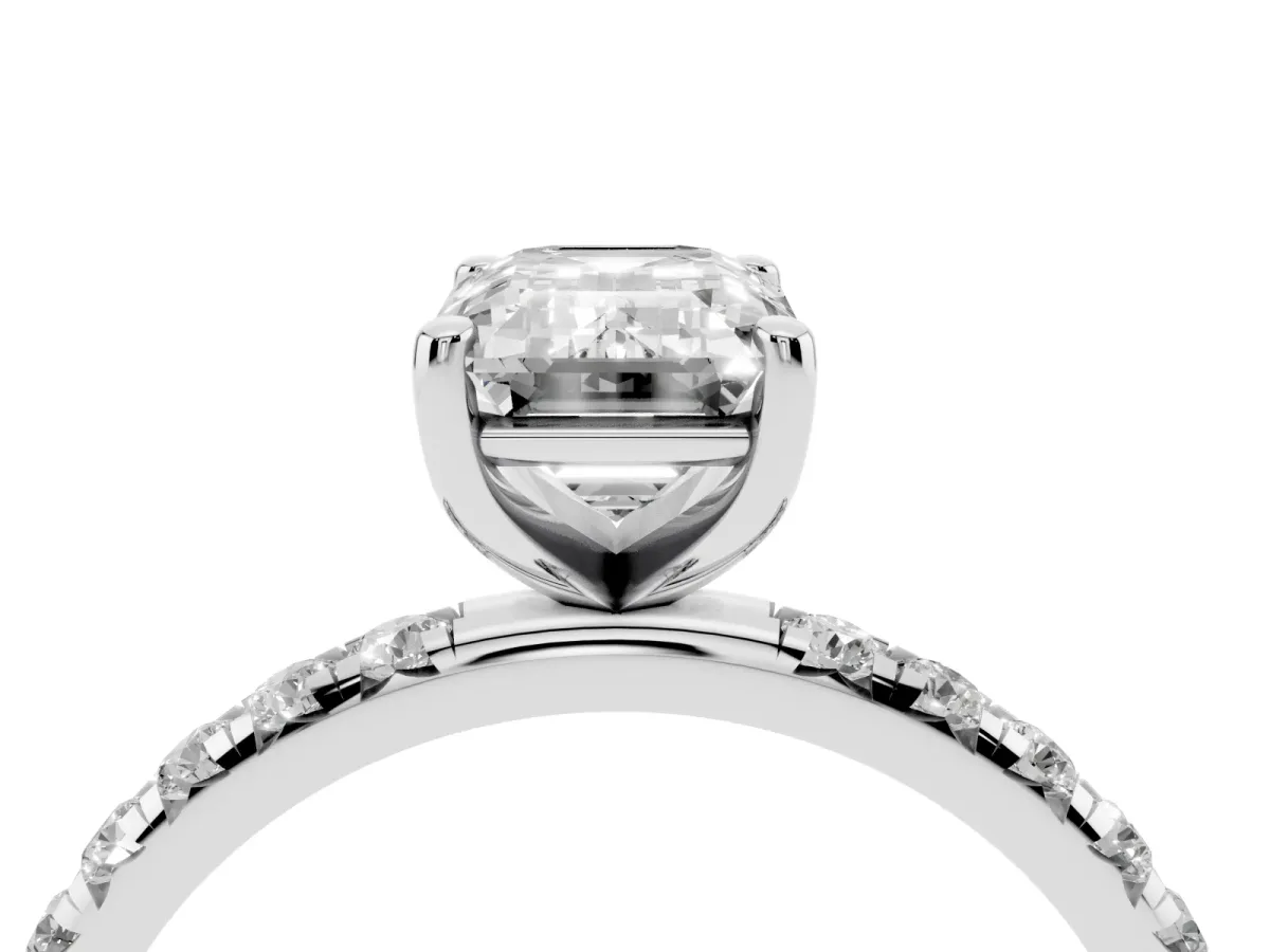 Emerald Cut Cut Diamond Solitaire Ring with Micro Pave Band and Four Prong Setting Silver