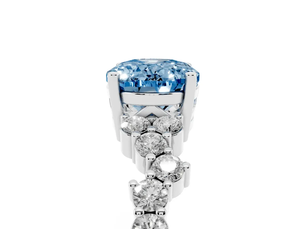 Fancy Blue Oval Cut Diamond Scattered Round Accent Ring with Prong Setting White gold