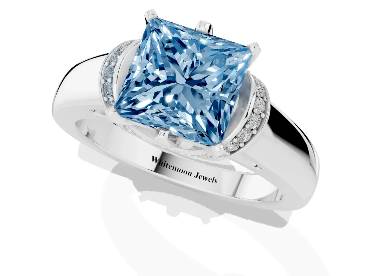 Fancy Blue Princess Cut Solitaire Diamond Ring with Pave Band and Six-Prong Setting Silver
