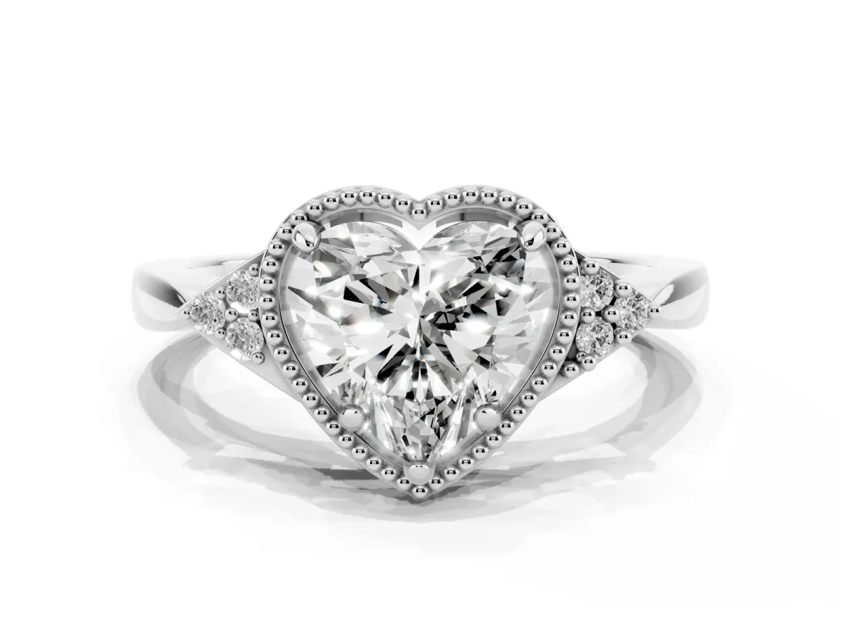 Heart Cut Diamond Halo Ring with Tapered Band and Four-Prong Setting White gold