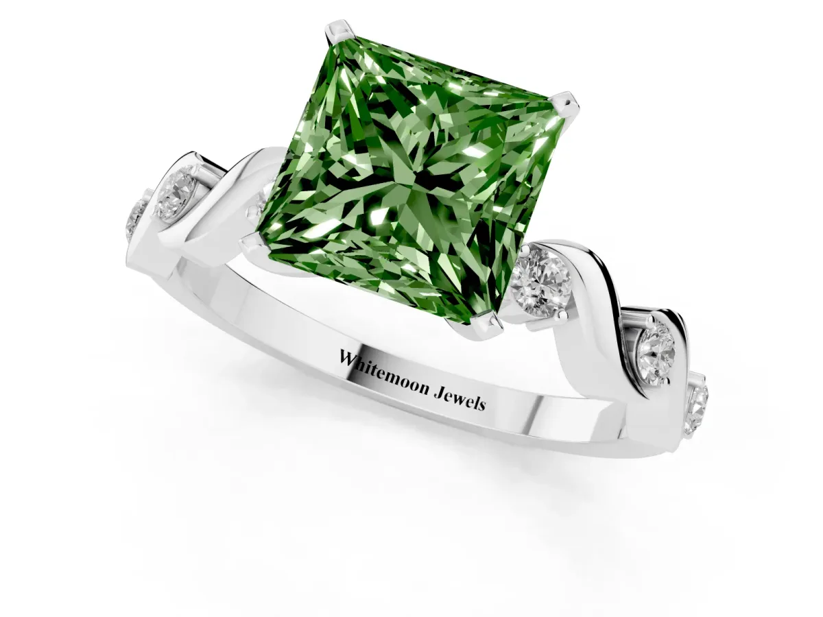 Fancy Green Princess Cut Diamond Solitaire Twisted Band with Round Accents and Prong Setting White gold