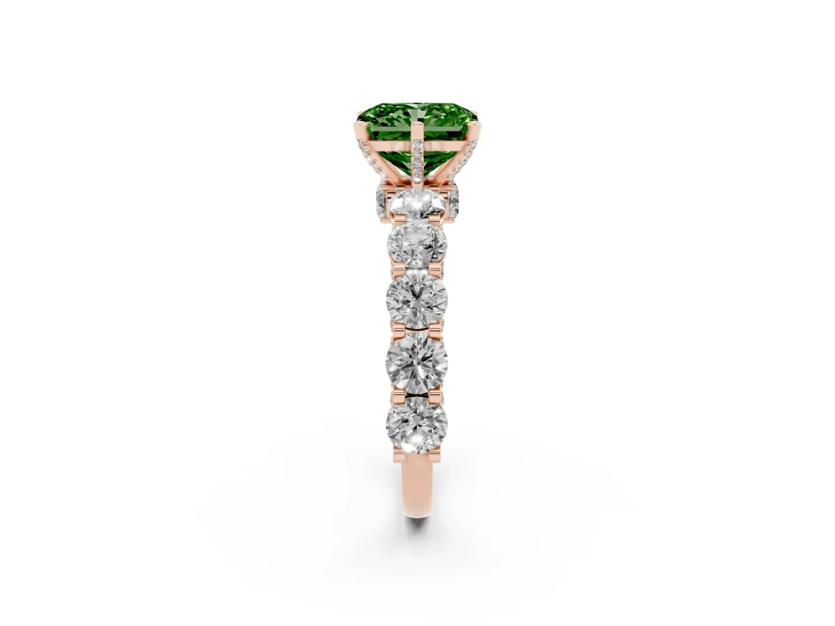 Fancy Green Radiant Cut Diamond Side Stone Engagement Ring with Four-Prong Setting Rose gold